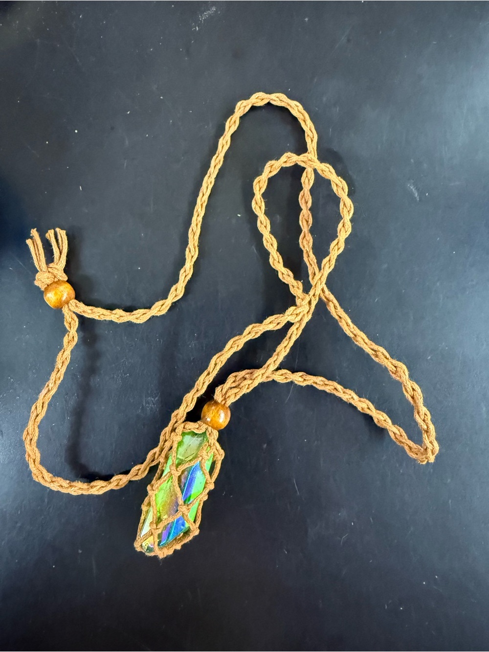 Handcrafted Green Iridescent Crystal Macramé Pendant Necklace